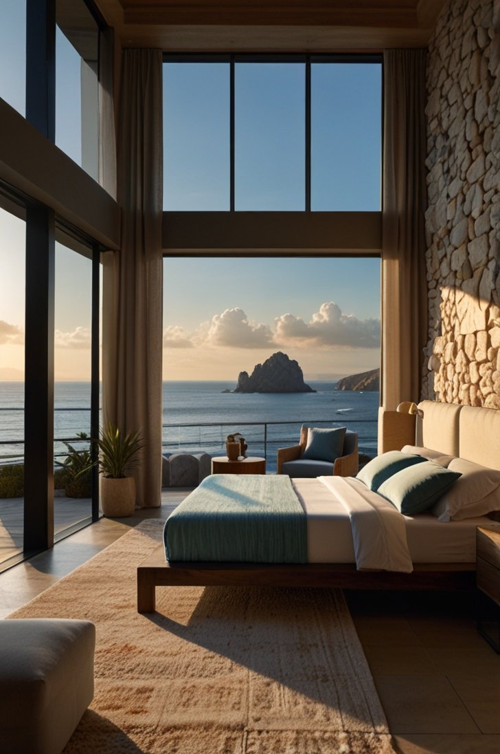 How to Design a Luxurious Bedroom with a Panoramic Window Overlooking a Rocky Coastline